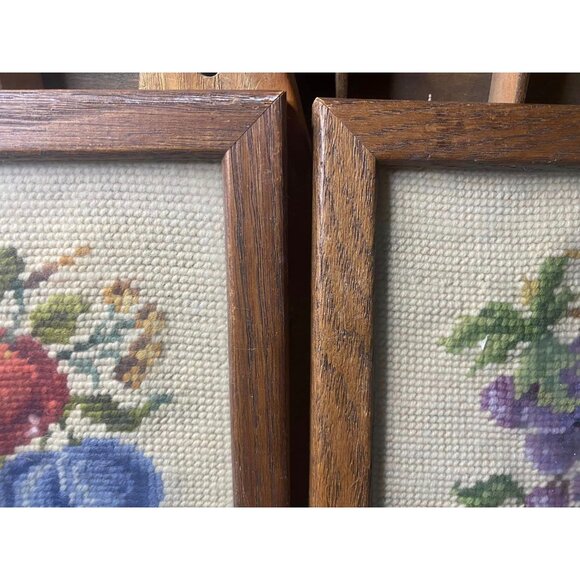 Vintage Glass-covered Wood Framed Fruit Needlepoint Art Set Of 2 Cross Stitch - Picture 4 of 5